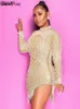 Casual Dresses Weird Puss Pearl Mesh Sexy Dress Rhinestone Tassel Side Split Long Sleeve Elastic Bodycon Trend Birthday Midnight Party Outfit L230520