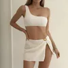 Women's Swimwear 3Pcs/Set Backless Lines Texture Bikini Skirt Set One Shoulder Bra High Waist Briefs Sexy Elastic Push-up