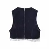 Damestanks cos lris 2023 herfst dames kleding retro all-match mouwloze strass rhinestone kwastje decoratie kort denim vest 7227240