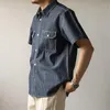 Camisas casuais masculinas de manga curta de manga curta masculina camisa de botão retro desgaste azul