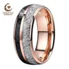 Ringe Herren Damen Roségold Wolfram-Ehering mit schwarzer Kohlefaser und hellem Meteority-Inlay 8 mm, hochwertige, bequeme Passform