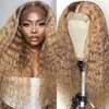 Perruques Lace Front Wig transparentes blondes miel, cheveux humains ondulés, crépus et bouclés, perruque synthétique pre-plucked avec ligne de cheveux perruqu