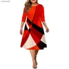 Sukienki swobodne sukienki plus size 2022 Elegancka geometryczna sukienka drukarska Autumn Ladies A-Line Red Midi Evening Club Stroje 5xl L230520