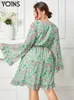 Casual Dresses Yoins 2023 Women Dress Plus Size Bohemian Party Long Sleeve Ruffle Floral Print V-Neck Elegant Fashion Kne Length Vestidos L230520