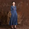 Casual Dresses Retro Embroidery Slim-type Denim Dress Women 2023 Summer Autumn Turn-down Collar Long-sleeved Vintage