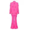 Women's Two Piece Pants Stylish Flower Blazer Suit Bright Pink V Neck Lapel Double Breasted Split Long Jacket And Flare Two-piece Set