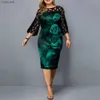 Casual Dresses Plus Size Women Clothing Elegant Casual Party Dress Autumn/Winter Lace Print Kne-Length Flare Sleeve O-Neck L230520