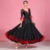 Bühnenkleidung, schwarzes und rotes Retro-Ballsaal-Tanzkleid mit ausgestellten Ärmeln, Standard-Tanzkleidung, Wiener Walzer, Foxtrott-Kostüme, Ballkleid