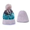 Bérets Homiton femmes Sequin tricoté bonnet chapeau avec fausse fourrure pompon brillant Bling crâne casquette mode épais hiver