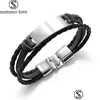 Other Bracelets High Quality Stainless Steel Engraved Stackable Layered Bracelet Leather Genuine Braided Black For Mens Hand Drop De Dhe3V