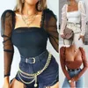 Dames jumpsuits rompers dames dames sexy bodysuit long mesh puff mouw vierkante nek bodyon slanke rekbare jumpsuit romper mode 230520