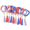 Keychains USA houten kralen Onafhankelijkheid Dag Polslet Keychain Bracelet Leather Tassel 4 juli Vrouwen Patriotische sleutel FOB