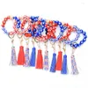 Schlüsselanhänger USA Holzperlen Unabhängigkeitstag Armband Schlüsselanhänger Armband Lederquaste 4. Juli Frauen Patriotischer Schlüsselanhänger