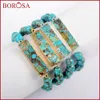 Bangle BOROSA 4PCS Gold Color Rectangle Copper Turquoises With 8mm Beads Bracelet Jewelry Fashion Natural Blue Stone Bangle G1651 S1651