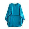 캐주얼 드레스 여성을위한 파란색 새틴 여름 미니 드레스 여자 세련된 3/4 슬리브 2023 우아한 짧은