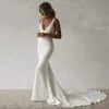 Sexy Mermaid Bride Dresses Boho V-Neck Open Back Elastic Wedding Gown Simple Long Train Buttons Bridal Dress