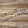 Pendant Necklaces Natural Bamboo Leaves Agate Catholic Christ Rosary Bead Long For Women Men Hematite Cross Necklace