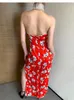 Casual Dresses Fancy Floral Satin Jacquard Halter Maxi Dress Sexy Backless High Slit Bandage Festival Party Prom Formal Long Gown Cheongsam