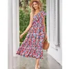 Grundlegende Freizeitkleider für Damen, Blumenmuster, gerüscht, schräge Schulter, Streamer mit großem Swing-Kleid 230519