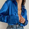 Womens Blouses Shirts Satin Shirt Polo Collar Office Lady blouse Vintage Blue Green Silk Loose Button Up Down Black Fashion Tops 230519