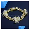 Bracelets de cheville Glacé Diamant Femmes Corps Chaîne Bijoux Strass Cubain Lien Or Sier Rose Papillon Bracelets Drop Delivery Dhjce