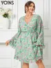 Casual Dresses Yoins 2023 Women Dress Plus Size Bohemian Party Long Sleeve Ruffle Floral Print V-Neck Elegant Fashion Kne Length Vestidos L230520