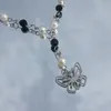 Pendant Necklaces Stainless Steel Y2k Butterfly Rosary Style Faux Pearl Black Faceted Beaded Fairy Core Necklace Copycat