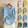 女性用ブラウスFemme Vintage Cotton Linen Button Tops夏の半袖シャツのレディースレディースレディースとエレガントなチュニック