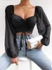 Kadın bluz gömlekler çukur dikişli şifon çekiliş göbeği üst örgü fener kolları sıska moda kadınlar rahat vneck ofis 230519