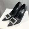 Elbise ayakkabıları kadın krista düğmesi kapalı topuk kariyer ipek siyah akşam yemeği yüksek topuklular