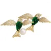 Broschen Damen-Flügel-Doppel-Fliegender-Vogel-Brosche, Süßwasserperle mit Smaragd-Zirkon-Pin