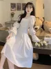 Sukienki swobodne elegancka biała sukienka kobiety seksowne bandaż z długim rękawem Mid Calf Square kołnierz koreańsko-mody kobieca szata