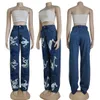 Women s Jeans Echoine Design Print Hight Waist Denim Pant Street Blue Straight Washing Long Fashion Casual 23519 230519