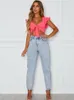 Dames blouses shirts dames zomer blouse ruche korte mouw v nek front tie up crop tops mode casual sexy en vrouwelijk 230519