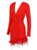 Robes décontractées femmes hiver mode Sexy à manches longues col en V plume rouge Mini robe de pansement 2023 tricoté élégant soirée Club fête