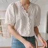 Womens Blouses Shirts Office Ladies Lace Border Shirt Fashion Women Hollow Out White Blouse Simple Casual VNeck Short Sleeve and Tops 230519