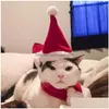 Costumi per gatti Buon Natale Cappelli per animali domestici Cucciolo Cappello da Babbo Natale Sciarpa Set Gattino Inverno Caldo Fazzoletto per animali di piccola taglia Costume natalizio Drop Delive Dhlih