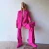 Kvinnors tvåstycksbyxor Stylish Flower Blazer Suit Bright Pink V Neck Lapel dubbelbröst split långjacka och flare tvådelar set