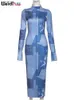 Casual klänningar konstiga puss y2k falska denim kvinnor klänning vintage turtleneck flare hylsa mager maxi bodycon streetwear casual full trend vestidos l230520