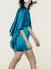 캐주얼 드레스 여성을위한 파란색 새틴 여름 미니 드레스 여자 세련된 3/4 슬리브 2023 우아한 짧은