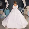 Elegant White Satin Flower Girl Dresses Baby Girls for Wedding Party Gown Off the Shoulder Bow Tie Kids Communion Dress