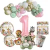 Vaisselle jetable sur le thème des animaux roses sauvages, décoration avec tour de ballons d'animaux, décorations d'anniversaire pour filles, forêt de la Jungle