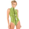 Dames jumpsuits rompers plus size trendy candy color pvc bodysuit 2 way rits open crotch lotard dames mouwloze high cut jumpsuit nieuwigheid catsuit 230520