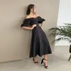 Abiti casual di base Churses Sexy Slash Neck Backless Midi Dress Autunno Elegante Puff Mezza manica ALine Abiti da festa lunghi per le donne 230520