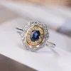 Cluster Rings Luxury Sapphire For Women Shinning Zircons Crystals 925 Sterling Silver Party Dress Smycken Saphir