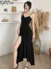 Abiti casual Sylcue Black Mysterious Glamorous Intellettuale Elegante Trend maturo Niche Designer Formal Women's Evening Queen Suspender Dress L230520