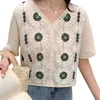 Chemisiers pour femmes Femmes D'été Tricot Au Crochet Chemise Col En V Évider À Manches Courtes Boutonné Tops T-shirts Doux Cardigan