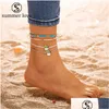 Anklets 4st/Set New Cute Pink Blue Pärled Colorf Rope Mutilayer Armband Anklet Set for Women Girl Boho Justerbar kaktusskiktad D DHWHS