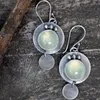 Dangle Earrings Boho Vintage Big Round Blue Moonstone For Women Retro Tribal Antique Silver Color Disc Circle Hook