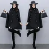 Kvinnors ullblandningar 2023 Autumn Winter Women Elegant Black Cape Warm Woolen Coat Mid-Längd sjal Vintage Löst kappa julkvinna